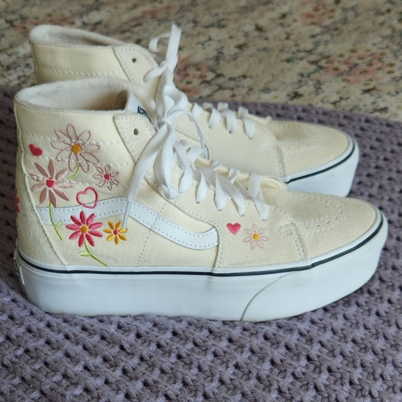Vans Shoes - Vans Cream High-Top Sneakers with Floral Embroidery